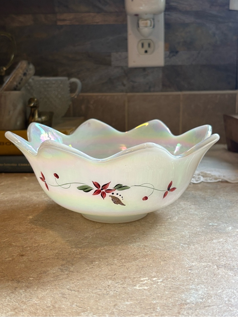 Fenton Favrene/Pearl Iridescent Hand Painted Ruffle Bowl Red Floral Signed 8”